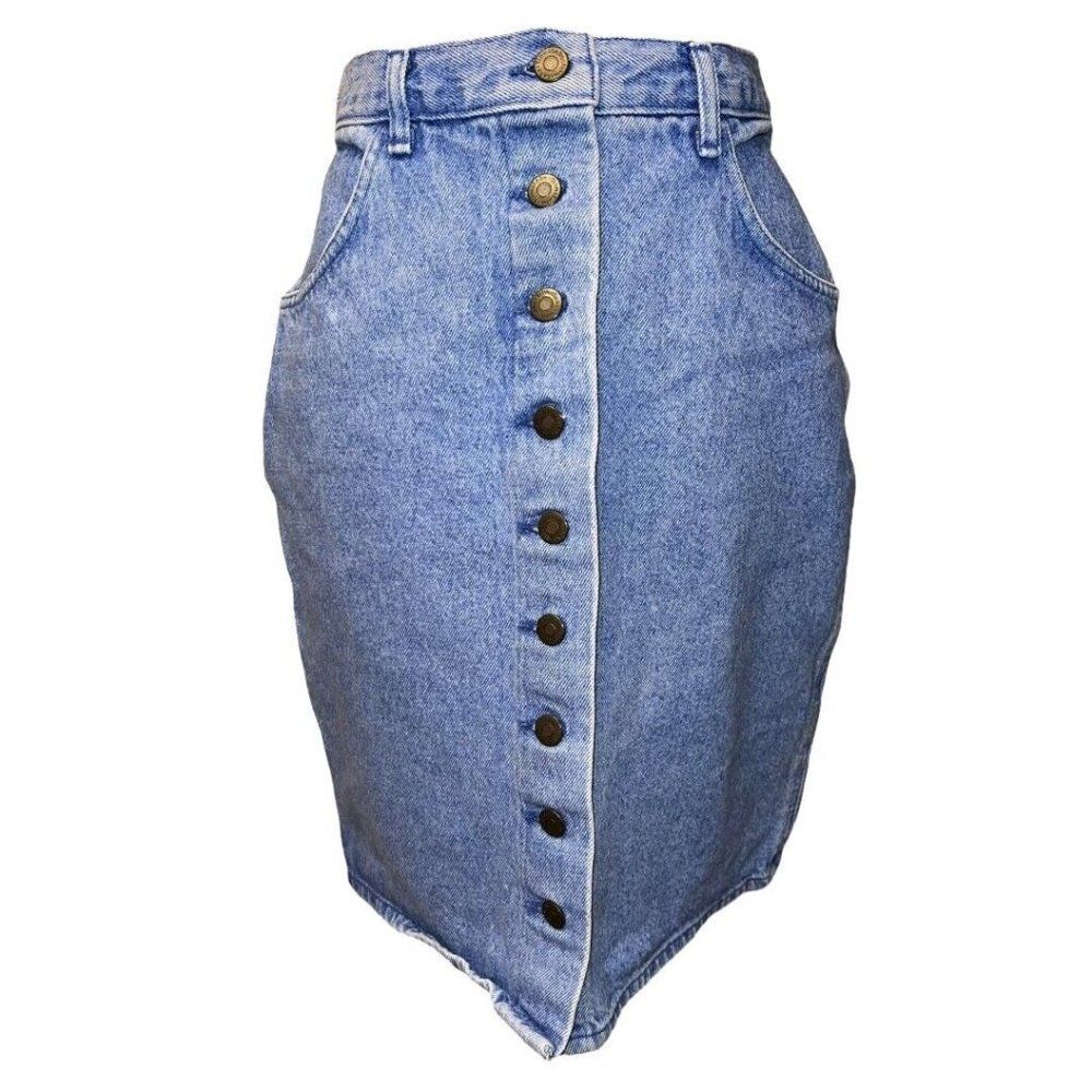 Vintage 1990s Blue Wrangler Full Button Front Denim Pencil Western Skirt Size 11